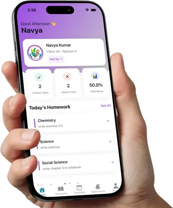 A hand holding the Rainbow Companion app — student home screen showing attendance and today's homework